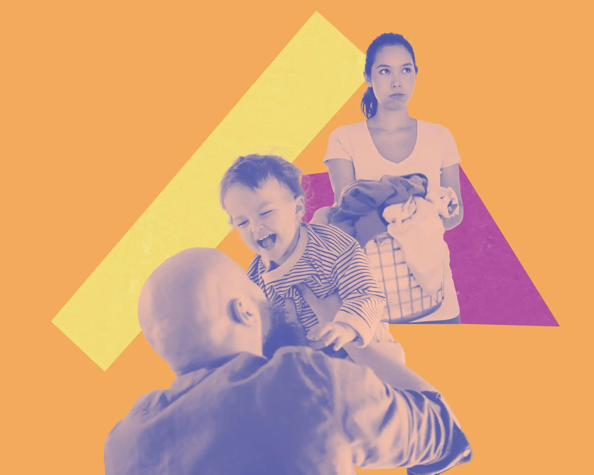 Composite image of a woman with a laundry basket looking fed up and a man holding up a toddler