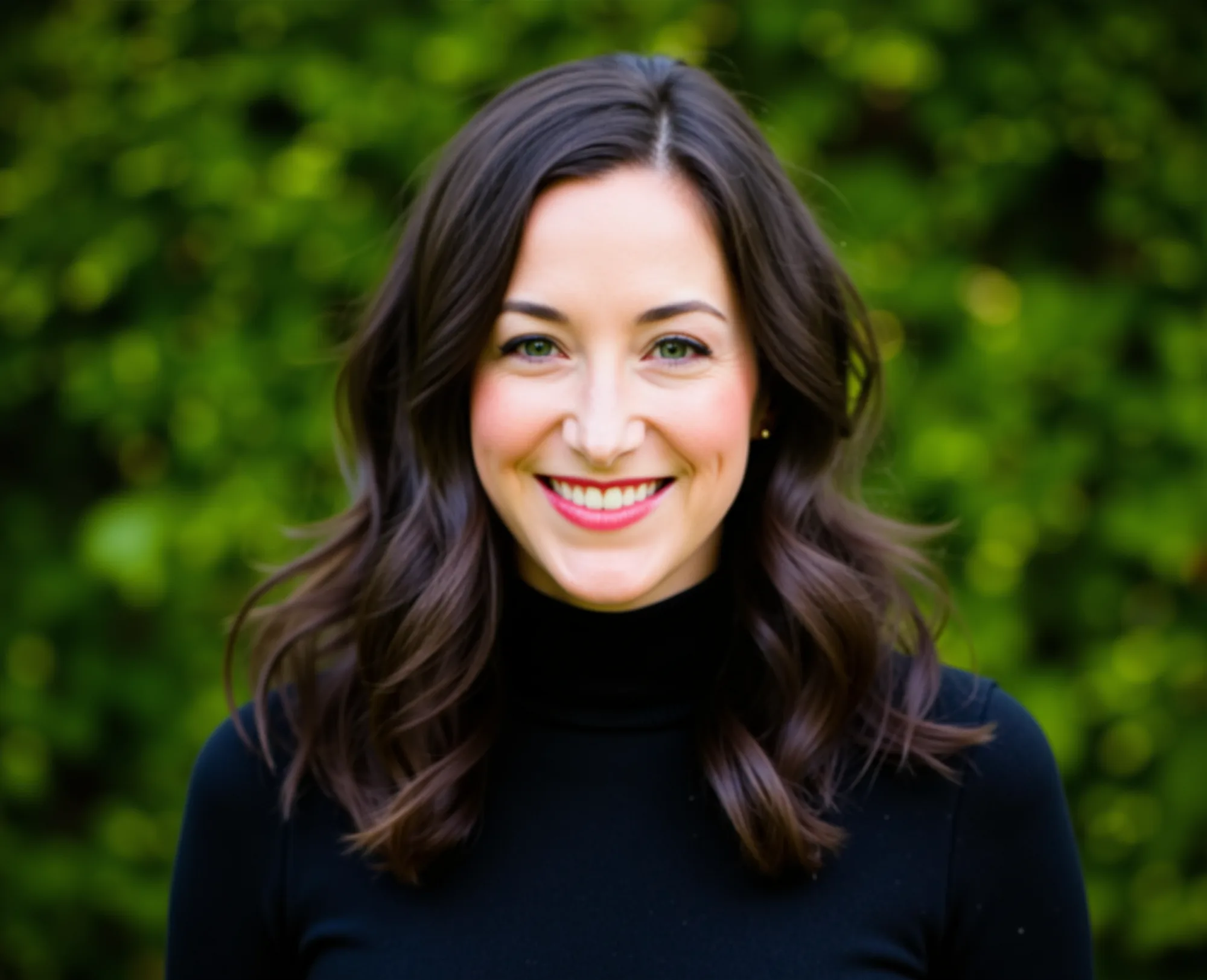Woman with long dark hair wearing black turtleneck smiling against green background