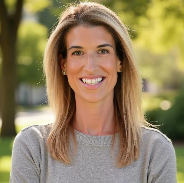 Woman in gray sweater smiling outdoors with natural background