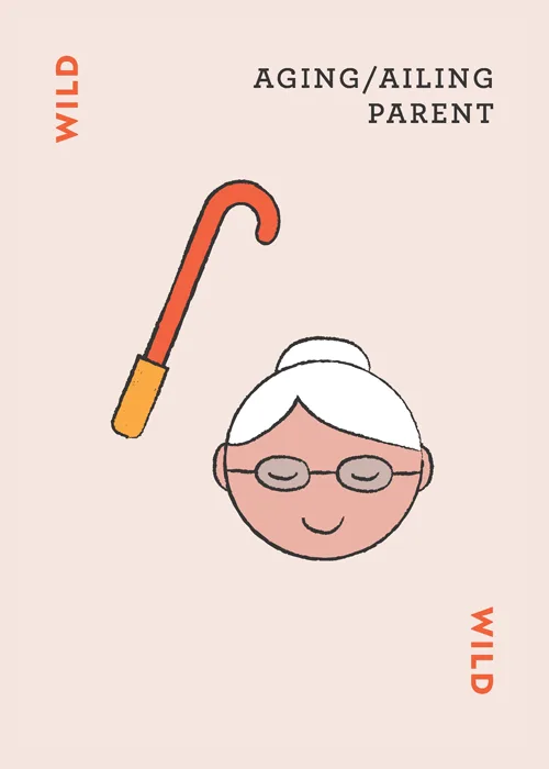Illustration of elderly person with glasses and white hair next to cane, labeled 'AGING/AILING PARENT' and 'WILD'