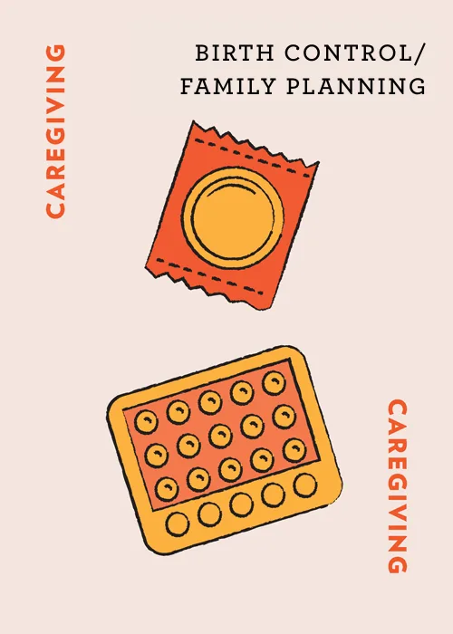 Birth control and family planning illustration showing condom packet and birth control pill pack