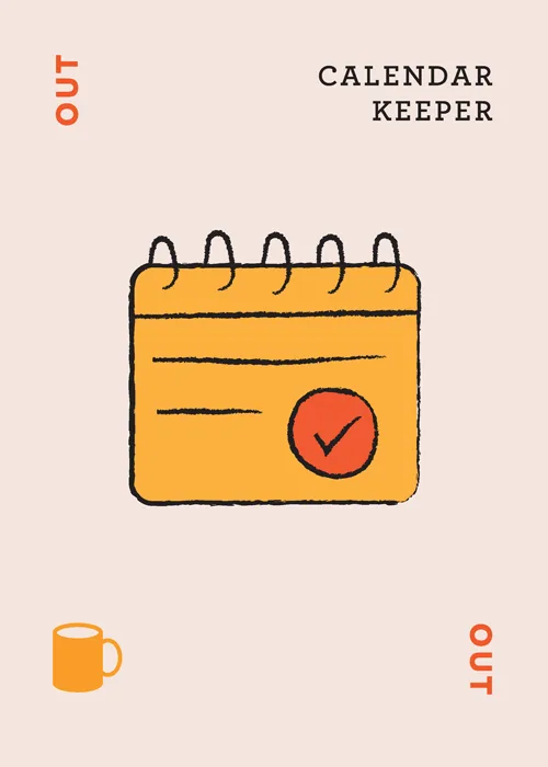 Orange illustrated calendar with checkmark and text reading 'CALENDAR KEEPER'