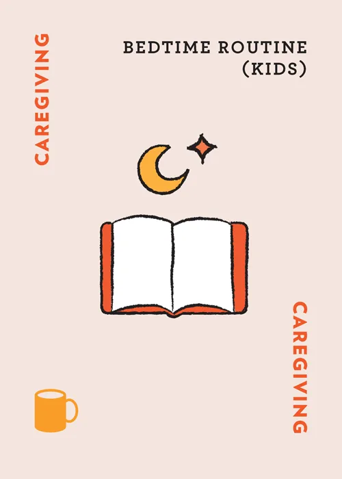 Bedtime routine card showing moon, star, open book, and mug with 'Caregiving' text