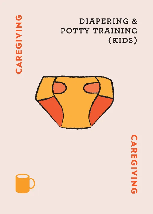 Illustration of training diaper with text 'Diapering & Potty Training (Kids)' and 'Caregiving'