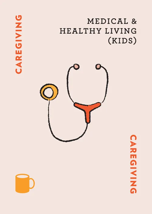 Stethoscope illustration with text 'Medical & Healthy Living (Kids)' and 'Caregiving'