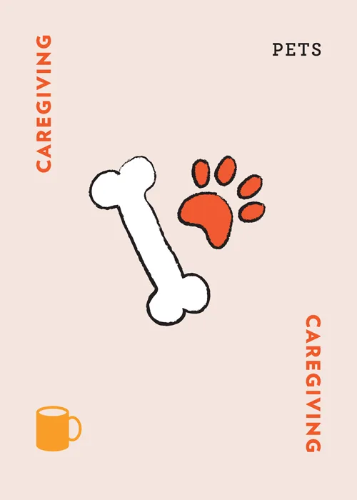 White bone and orange paw print icons with text 'CAREGIVING' and 'PETS'
