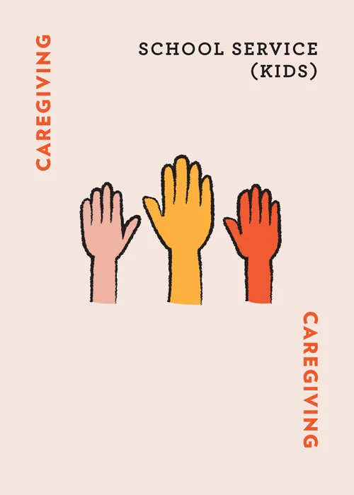 Three raised hands in pink, yellow, and orange with text 'CAREGIVING' and 'SCHOOL SERVICE (KIDS)'