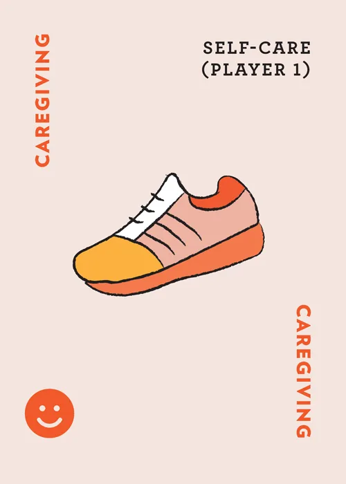 Card showing running shoe illustration with 'CAREGIVING' and 'SELF-CARE (PLAYER 1)' and 'CAREGIVING' text