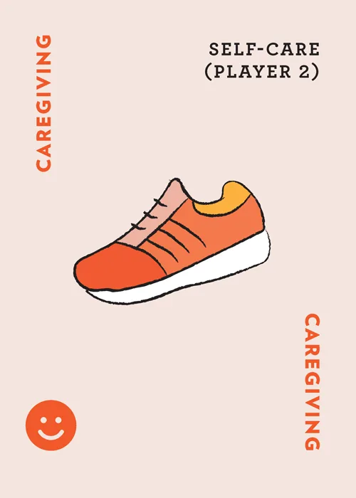 Orange running shoe with text 'CAREGIVING' and 'Self-Care (Player 2)'