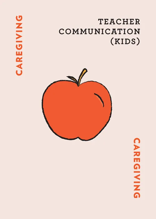 Orange apple illustration with text 'CAREGIVING' and 'TEACHER COMMUNICATION (KIDS)'