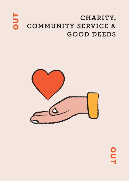 Hand holding a red heart with text 'Charity, Community Service & Good Deeds'