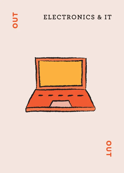 Orange laptop illustration with text 'ELECTRONICS & IT' and 'out'