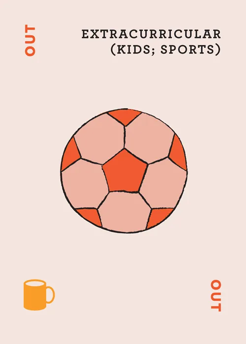 Pink soccer ball illustration with text 'EXTRACURRICULAR (KIDS; SPORTS)' and 'out' markers