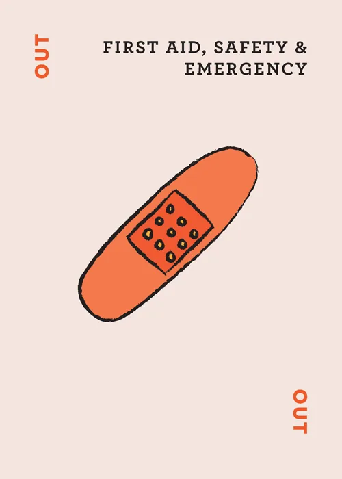Orange bandage illustration with text 'FIRST AID, SAFETY & EMERGENCY' and 'OUT'