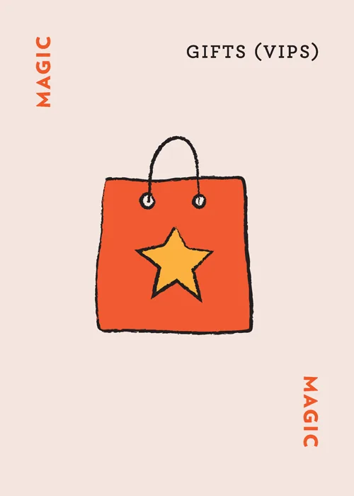 Orange shopping bag with yellow star labeled 'GIFTS (VIPS)' and 'MAGIC'