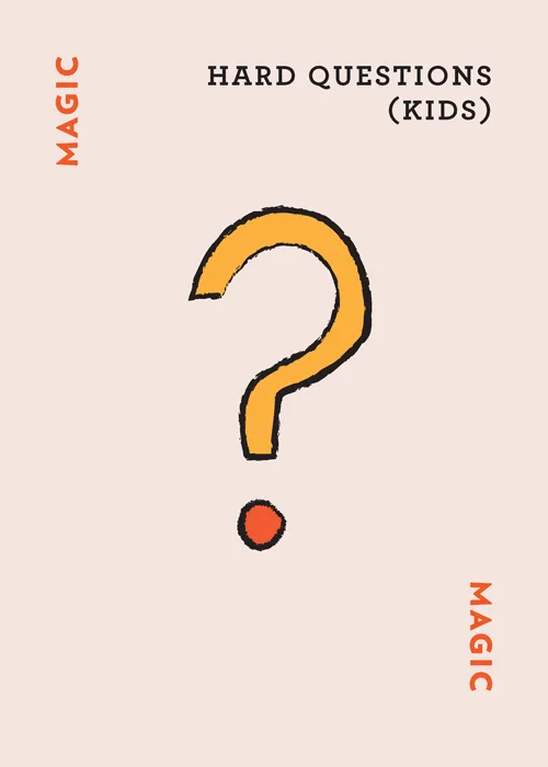 Card with orange question mark reading 'HARD QUESTIONS (KIDS)' and 'MAGIC' on beige background