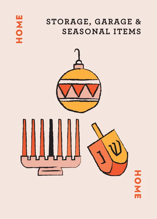 Storage, Garage & Seasonal Items with Christmas ornament, menorah, and dreidel illustrations