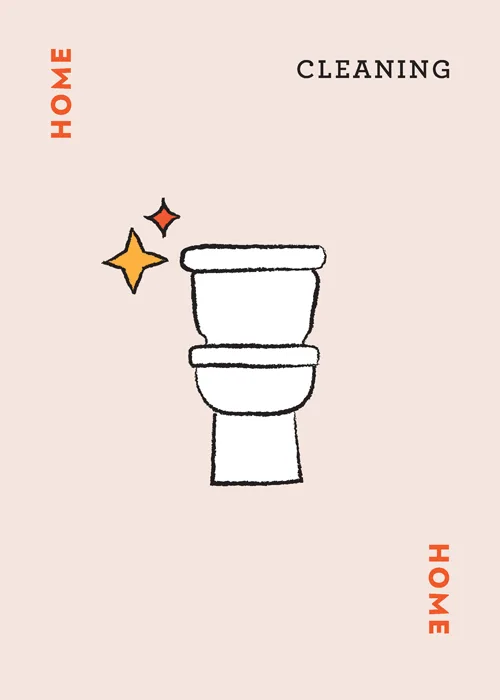 White toilet with sparkles and 'HOME' and 'CLEANING' text on beige background