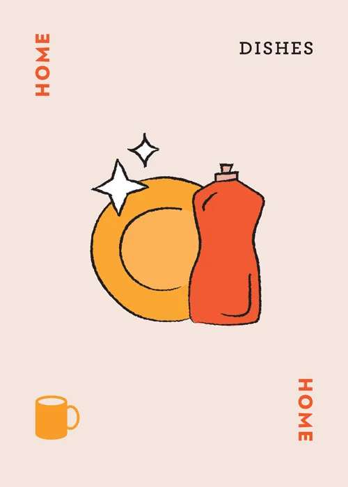 Orange plate and red dish soap bottle with sparkles