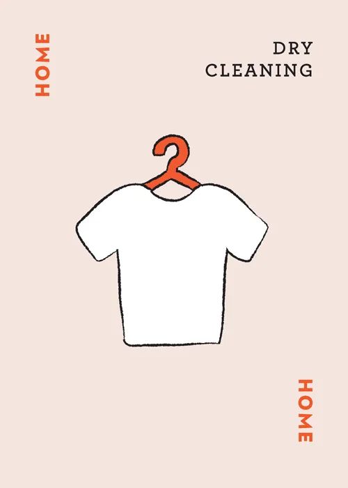 White t-shirt on hanger with 'HOME' and 'DRY CLEANING' text on beige background