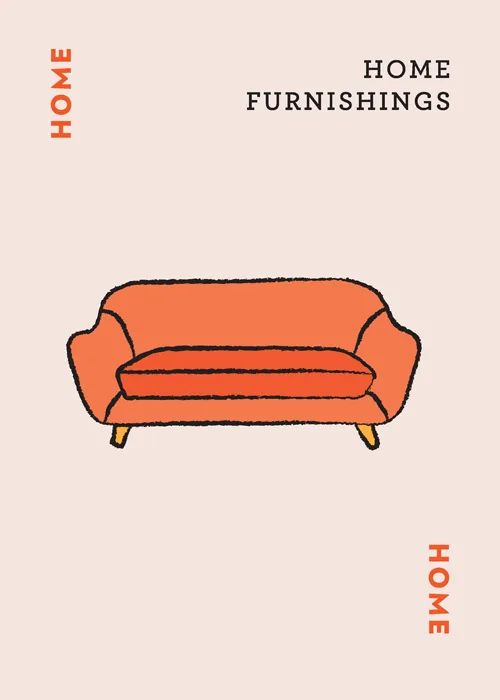Illustration of orange couch with text 'HOME' and 'HOME FURNISHINGS'