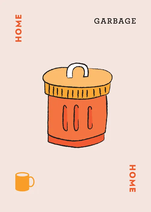Illustrated garbage can with lid and 'HOME' and 'GARBAGE' labels on beige background