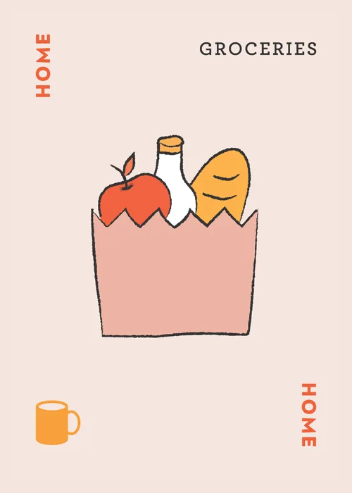 Grocery bag with apple, milk bottle, and bread with 'HOME' and 'GROCERIES' text