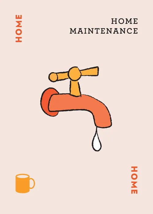 Illustrated orange faucet dripping water with 'HOME MAINTENANCE' text