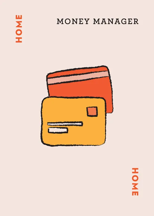 Money Manager illustration with orange wallet and card on beige background