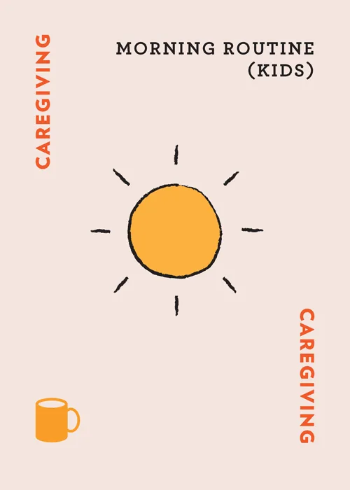 Morning Routine (Kids) infographic with sun icon and coffee mug on beige background
