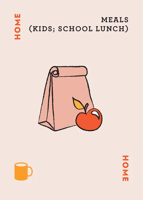 Pink lunch bag with apple and orange mug labeled MEALS (KIDS; SCHOOL LUNCH) and HOME