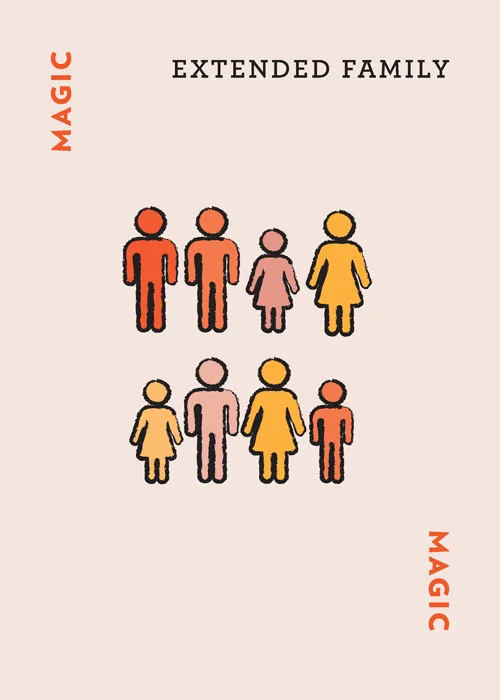 Extended Family diagram with diverse figures in orange, pink, and yellow representing inclusive caregiving arrangements