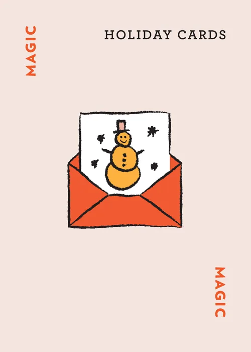 Orange envelope with holiday card showing snowman, text reads 'MAGIC HOLIDAY CARDS'