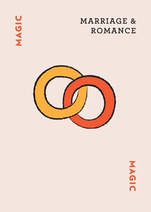 Two interlocking rings in orange and yellow with text 'MAGIC' and 'MARRIAGE & ROMANCE'