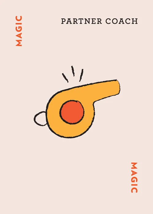MAGIC PARTNER COACH title with illustrated orange whistle icon