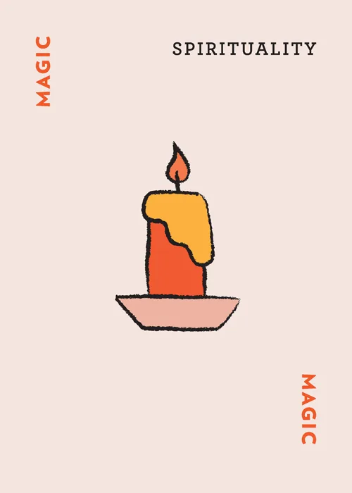 Illustrated candle with flame on beige background labeled Magic and Spirituality