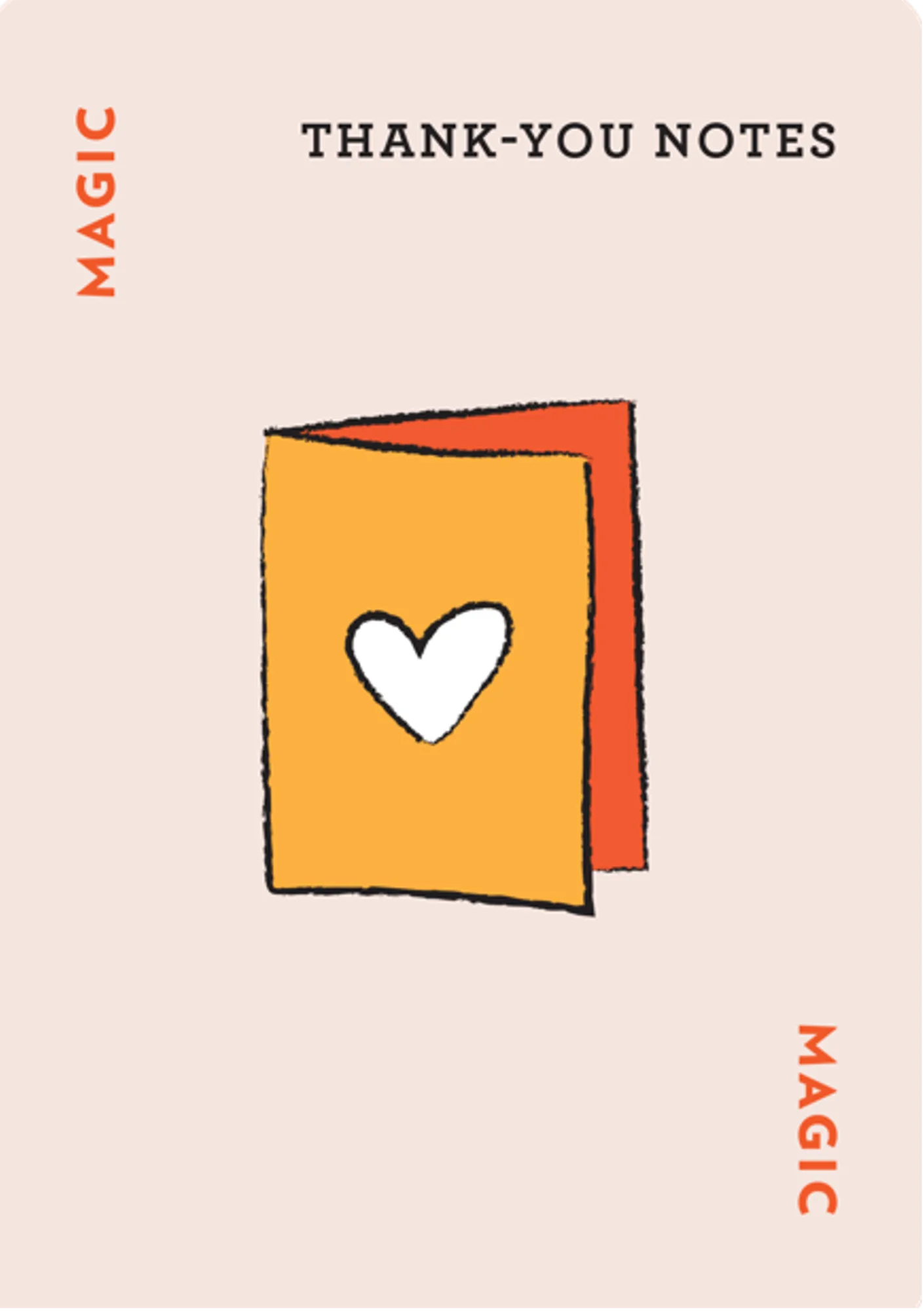 Thank-you notes card design with heart illustration and word 'MAGIC' on sides