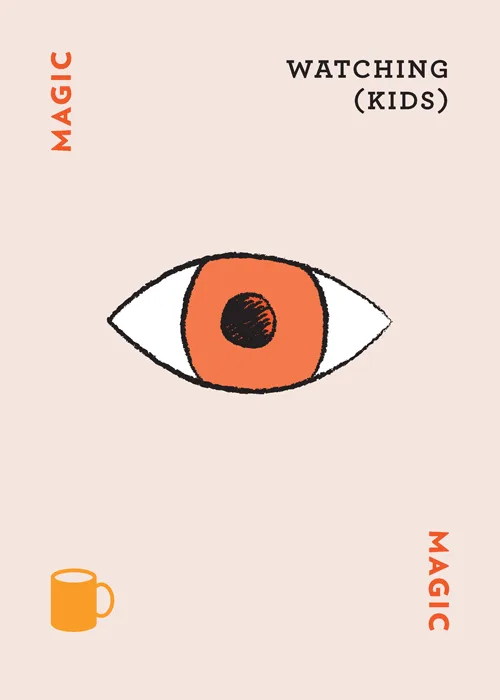 Eye illustration with text 'MAGIC WATCHING (KIDS)' and coffee mug icon