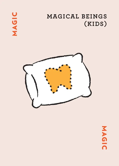 White pillow with orange heart outline labeled 'Magical Beings (Kids)'