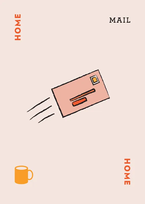Illustration of mail envelope flying with motion lines and 'HOME' and 'MAIL' text