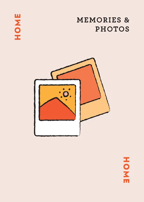 Illustration of two overlapping photo prints with text 'HOME' and 'MEMORIES & PHOTOS'