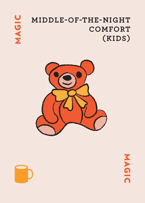 Orange teddy bear with yellow bow, coffee mug icon, text reads 'Middle-of-the-Night Comfort (Kids) Magic'