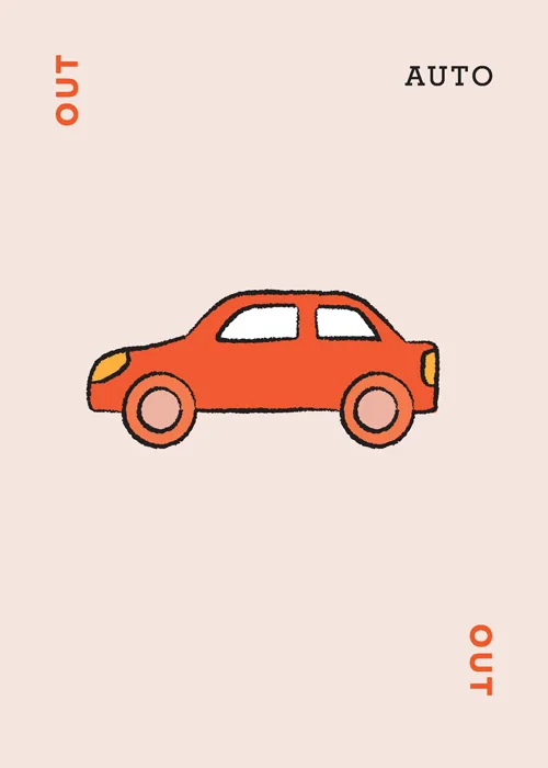 Orange car illustration with text 'out' and 'auto' on beige background