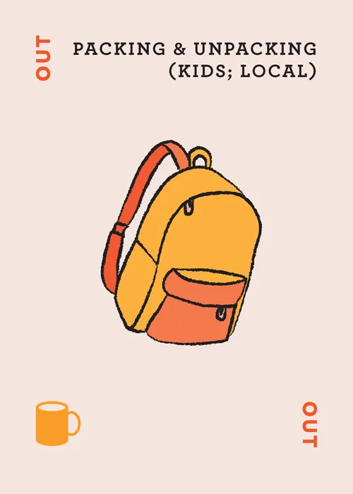 Illustration of yellow and orange backpack with text 'Packing & Unpacking (Kids; Local)'