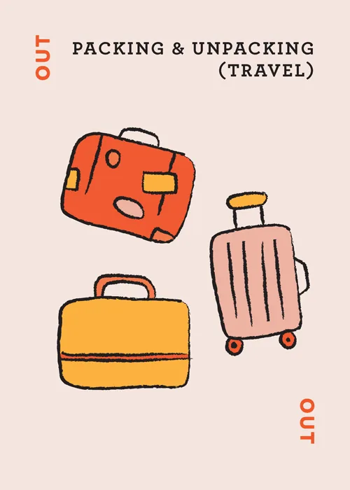 Illustrated travel luggage with text 'Out Packing & Unpacking (Travel)'
