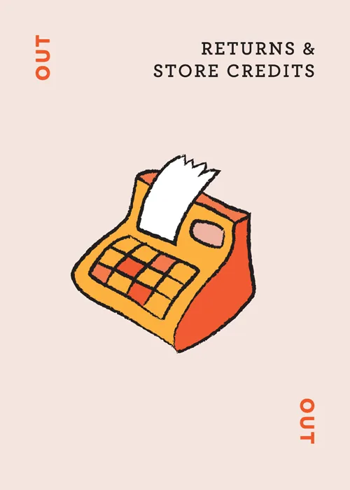 Returns & Store Credits section with orange cash register illustration