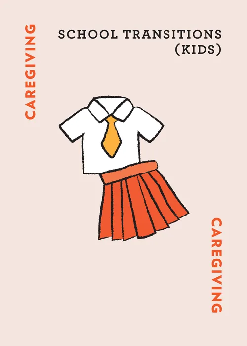 White collared shirt with yellow tie and orange pleated skirt illustration with text 'School Transitions (Kids)' and 'Caregiving'