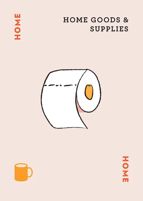 HOME GOODS & SUPPLIES text above illustrated toilet paper roll