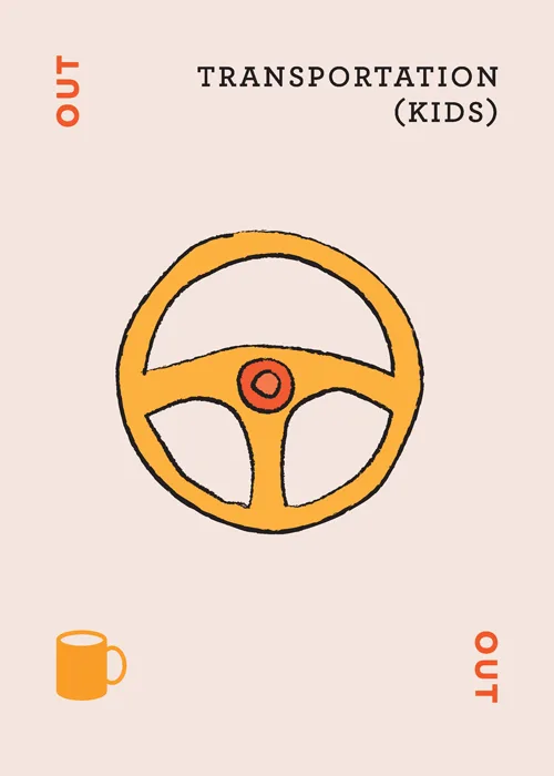 Orange steering wheel illustration with 'TRANSPORTATION (KIDS)' text on beige background