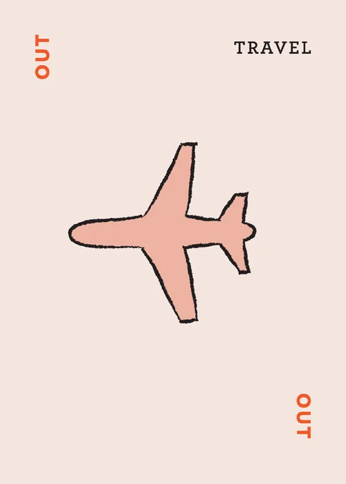Pink airplane illustration with the words 'out' and 'TRAVEL'